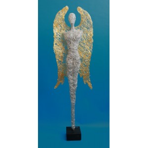 Silberdrahtengel Höhe 165cm mit langen schmalen Flügeln in gold